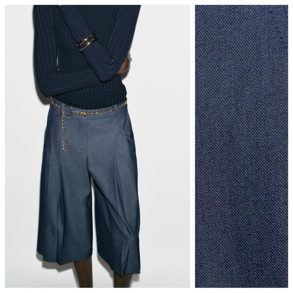 Zara Pants - NWT. Zara Blue/Indigo High-Waisted Pleaded Long Shorts. Size S.